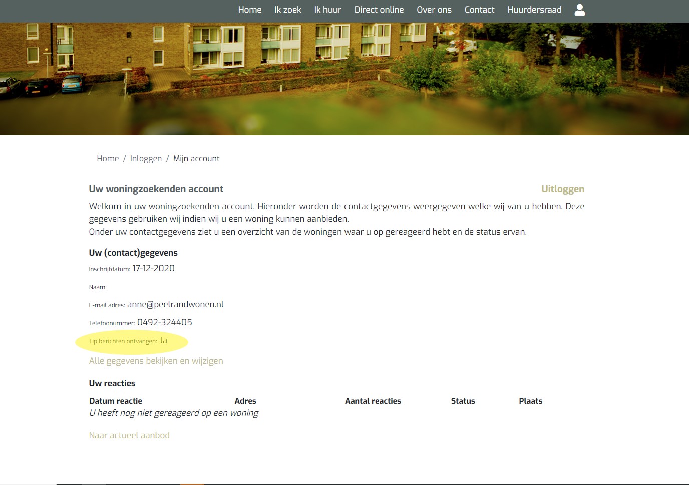 Tipbericht woningzoekende account