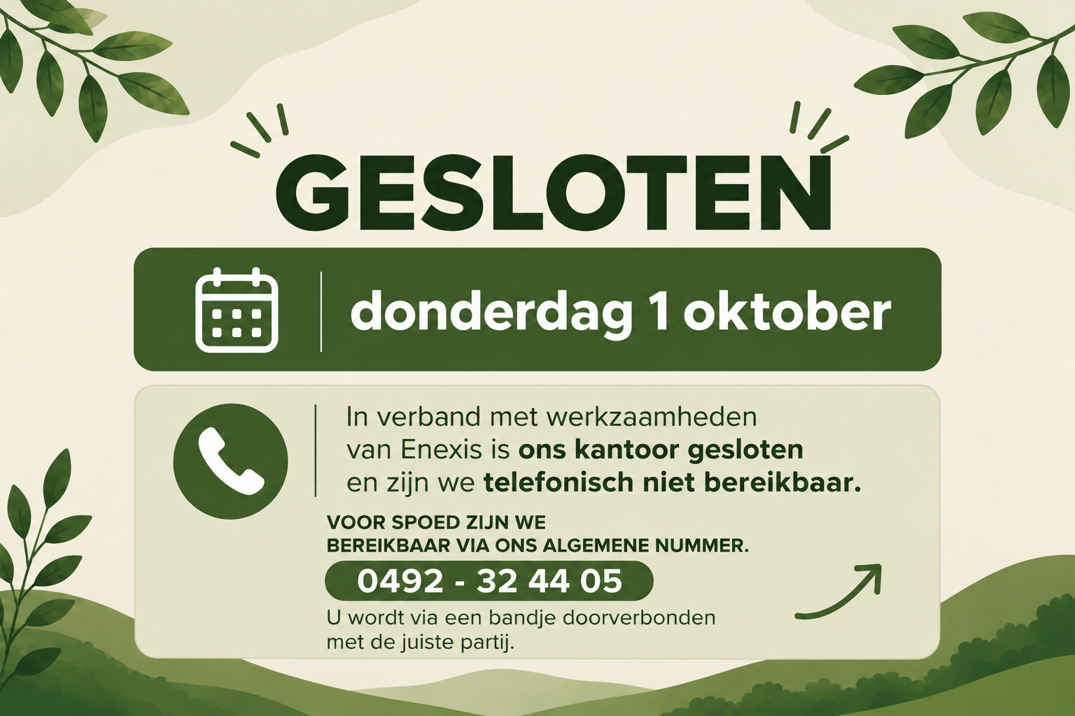donderdag 1 oktober gesloten